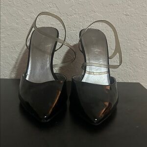 Nine West Black Patent Pointed-Toe Clear Strap Slingback Heels